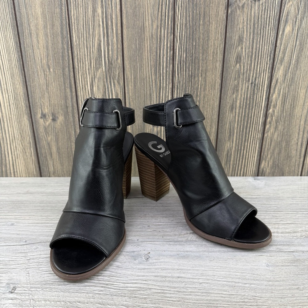 G by Guess Women's Black Peep Toe Block Heel Sandals Ankle Strap Size 8.5M